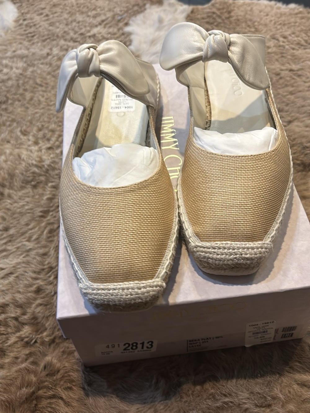 Jimmy Choo Beige Raffia Espadrille Slingback with Cream Bow